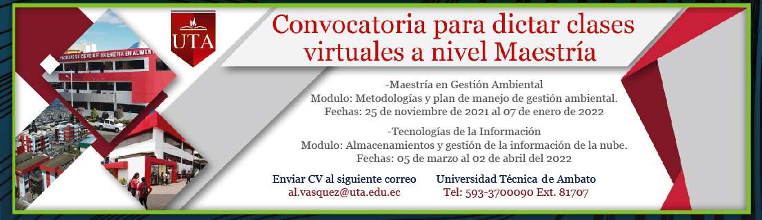 Convocatoria para dictar clases virtuales a nivel Maestría, Universidad Técnica de Ambato